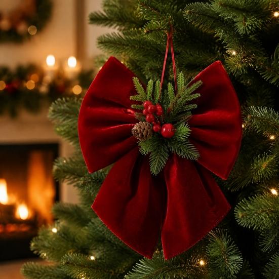 Velvet Ribbon for Christmas Wreaths Bow, Burgundy Red Hanging Bow Ornament with Versatile Garland Decorations Berries Pine Cones Holiday Tree