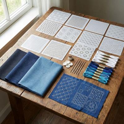 45pcs Handmade Sashiko Stencil Kit Reusable Patchwork Stencil New Sashiko Thread Kit Beginners