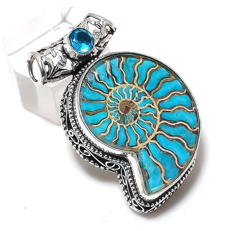 

Ископаемый аммонит, драгоценный камень топаз, ювелирная подвеска из стерлингового серебра 925 пробы 1,58