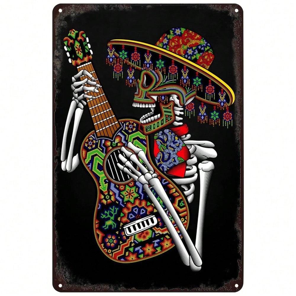 Vintage Skeleton Guitar Tin Sign 8x12 Inch Retro Wall Decor for Home Bar
