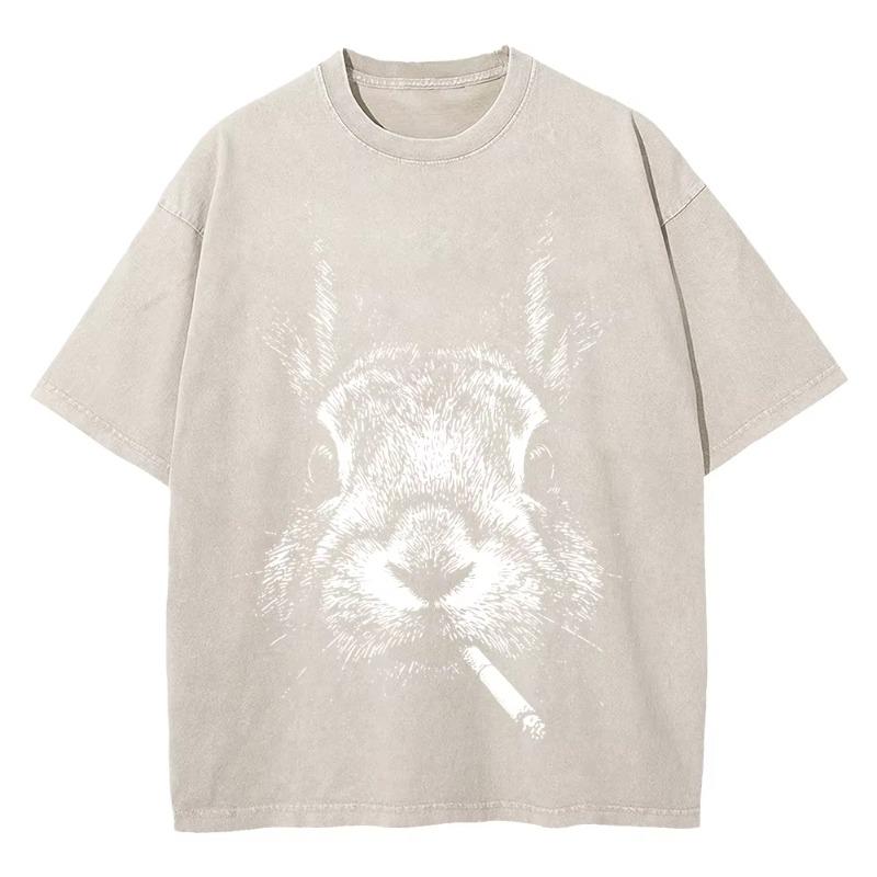 100% Cotton Vintage Washed Y2K Funny Smoking Rabbit Tshirt Fashion Men Retro Cool Bunny Meme Oversize Loose Acid Wash Tee Shirt