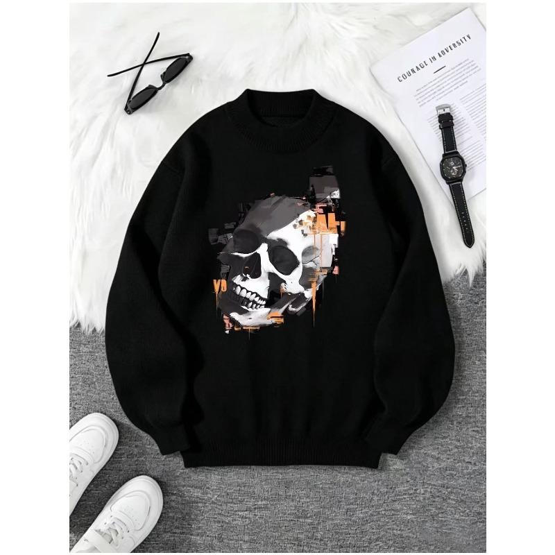 Skull Print Long Sleeve Sweatshirt, Spring Autumn Men's Casual Creative Round Neck Pullover.
