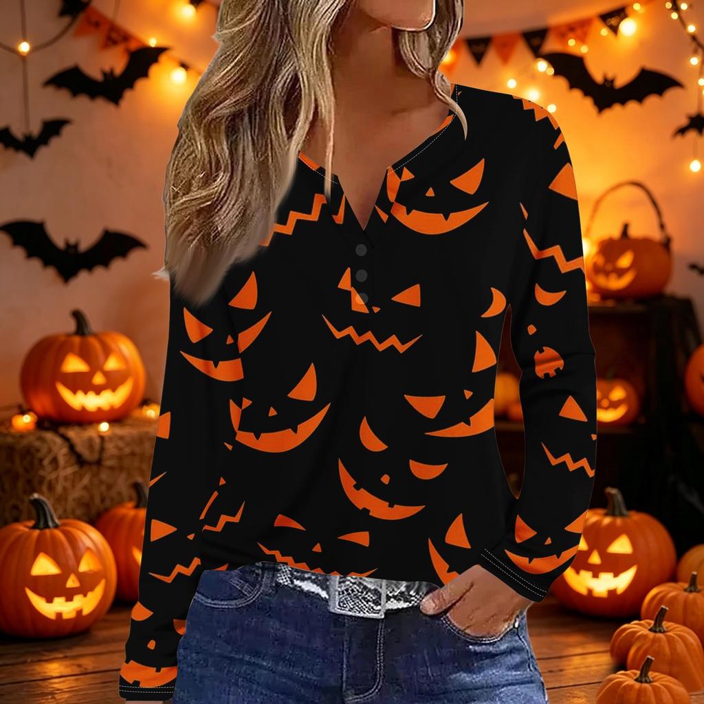 Women’s Casual Halloween Bat Print V Neck Decorative Button Long Sleeve T Shirt Top for Daily Wear and Holiday