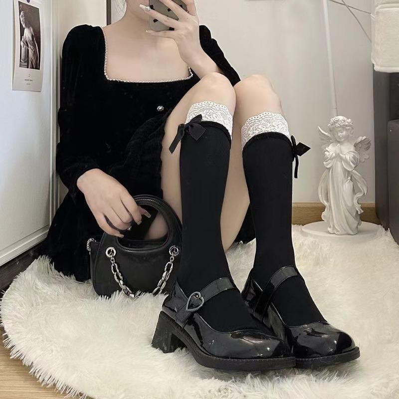 

Socks Woman Lace Bowknot Lolita Cute Middle Tube White Socks Sweet JK Girl Black Stockings one size чорний