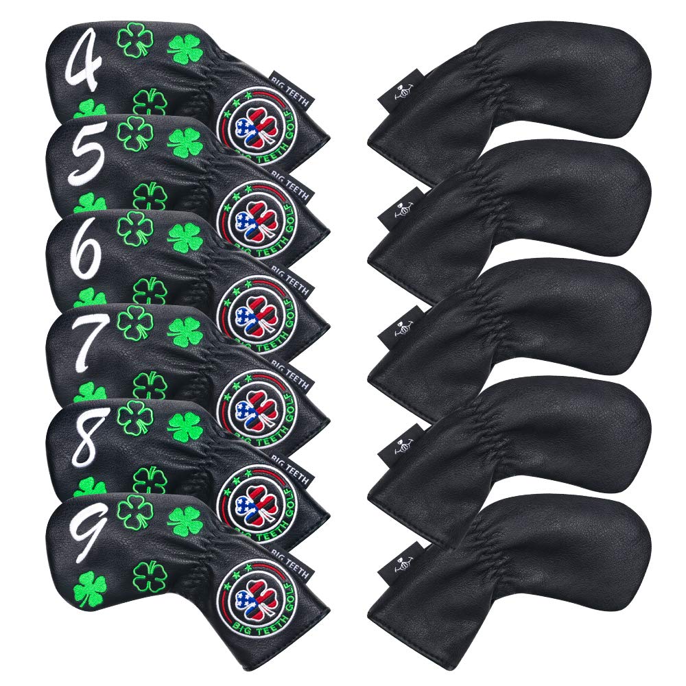 Big Teeth Golf Iron Headcover Set (11 Pieces: 4-9, P, A, S, L, X) with Embroidered Numbers, Long Neck, Elastic Closure, Clover Embroidery, Synthetic L