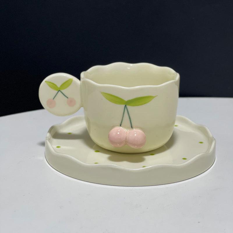 Japanese Hand-Painted Three-Dimensional Cherry Ceramic Cup And Saucer Cute Creative Home Coffee Cup And Saucer Set Personalized Birthday Gift