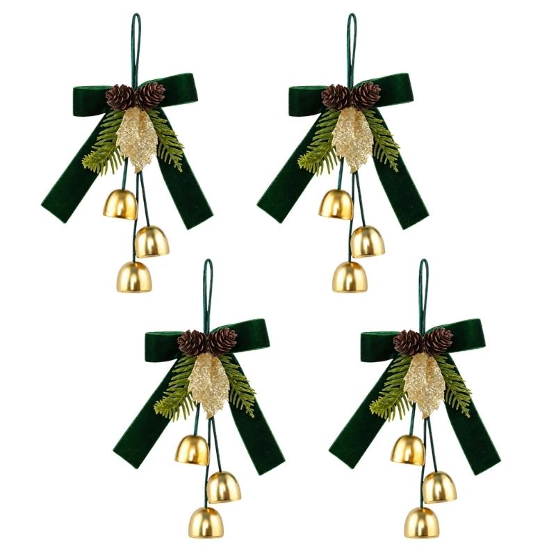 Christmas Tree Decoration Set of 4 Bowknot Bells Ornament with Pinecones, Foliage, Gilded Leaves, and Hanging Cord