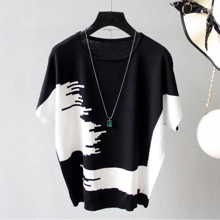 

Новые модные летние вязаные свитера с коротким рукавом, пуловеры, женские топы с круглым вырезом, черно-белый вязаный женский свитер, пуловер JJ37 One Size чёрный