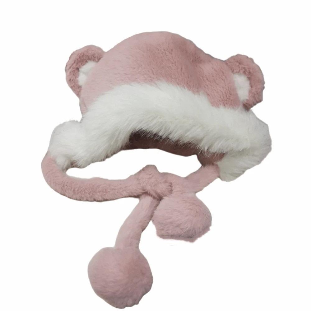 Plush Cute Bear Ear Hat Korean Women Fluffy Hats Trendy Faux Fur Bucket Hat  Girls