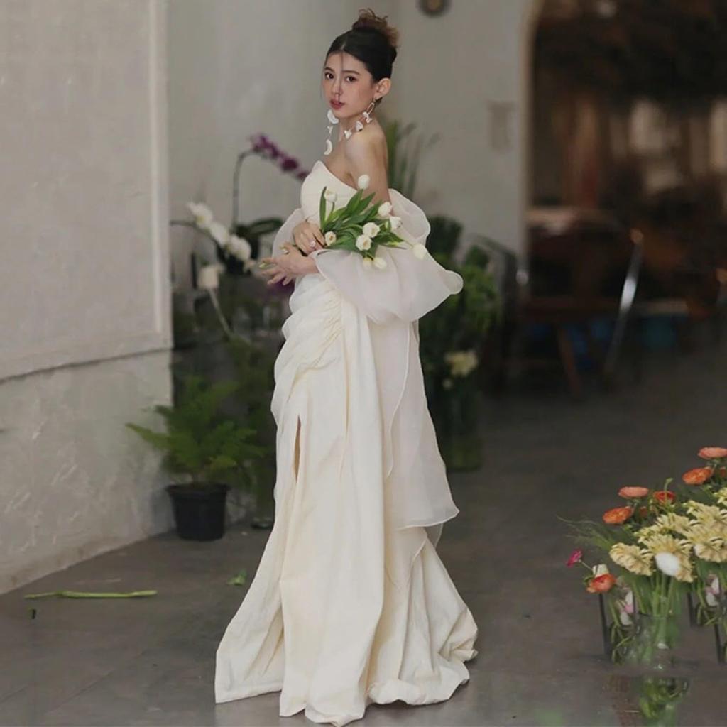 Mermaid Wedding Evening Bride Overseas S M [Fiveen] Dress, White, Simple, Long, Wedding, Pre-wedding, Off-the-shoulder, Dress, After-party, Dress,