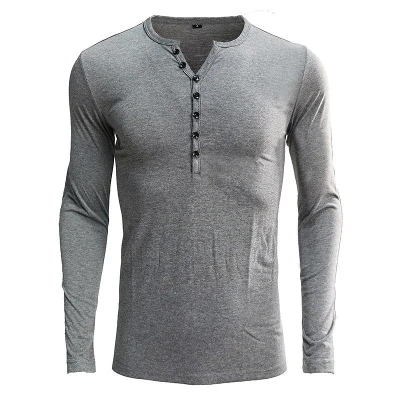 Herren Henley-Kragen Langarm-T-Shirt Unifarben Slim Fit Knopfleiste Lässiges Unterhemd Trendige Oberteile