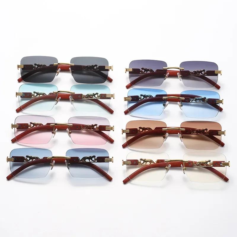 Small Rectangle Rimless Sunglasses Men  Luxury Brand Frameless Leopard Sun Glasses for Women Vintage Square Eyewear Shades