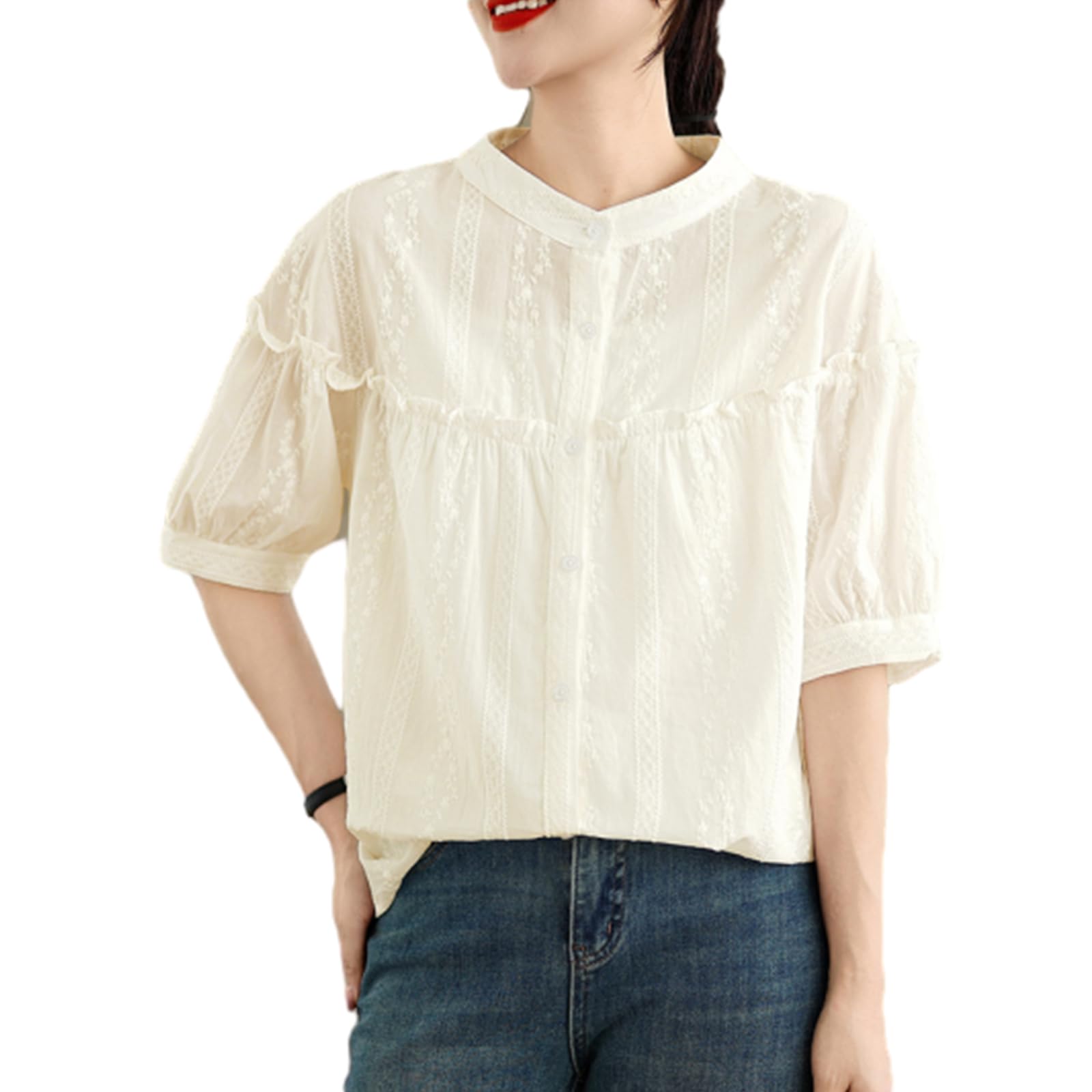 

Топ JoccKorr с оборками и короткими рукавами, с кружевом и круглым цветочным узором, больших размеров. Идеально для и офиса. Идеально для весны и женская рубашка, воротник, абрикосовый