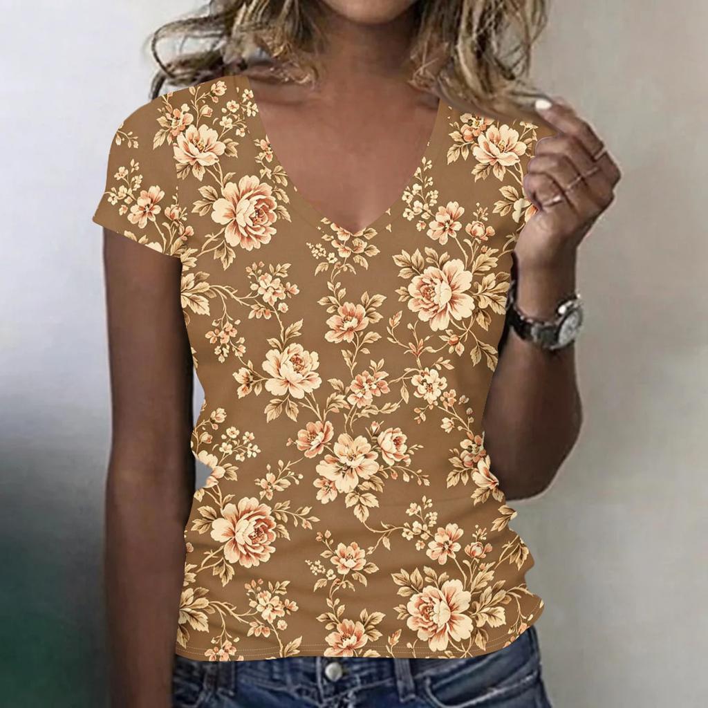 Camiseta Floral de Manga Corta con Cuello en V para Mujer, Informal, Holgada, Tejido Ligero y Suave, Top para Uso Diario, Oficina, Viajes