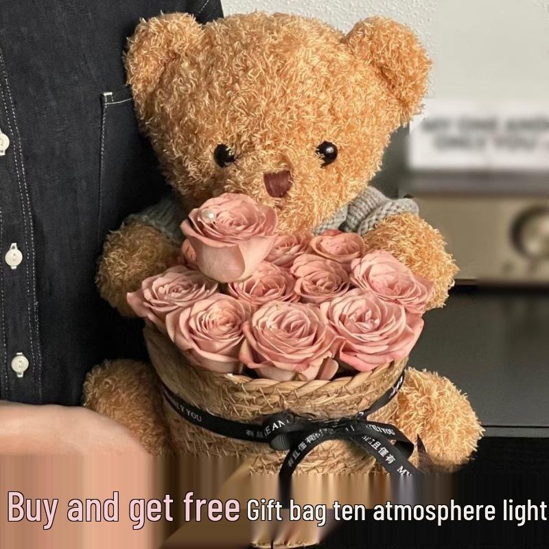 Presente de aniversário: Buquê de Flor de Sabão e Urso de Pelúcia com Boneca para Namorada - Frete Grátis