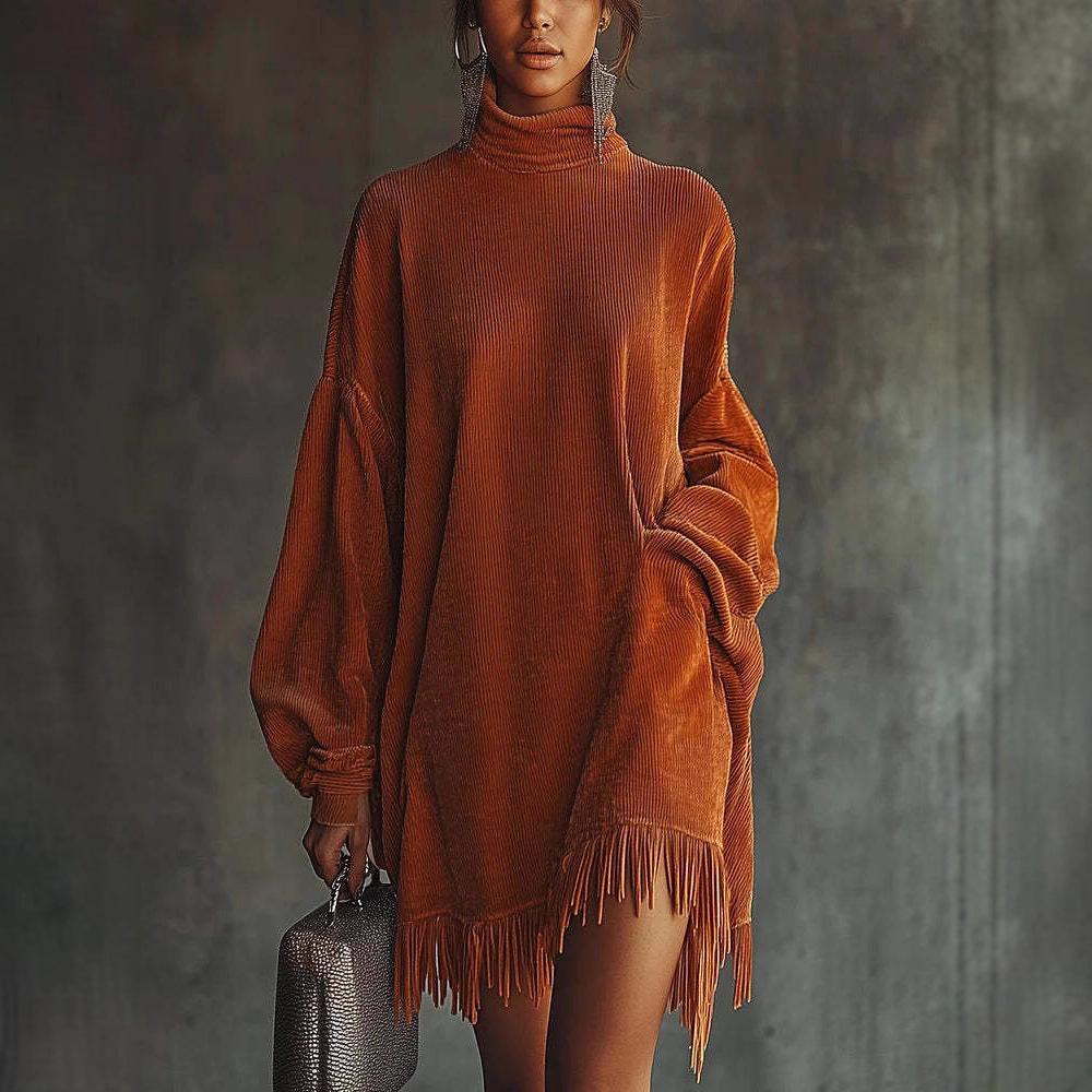 New Temperament Loose Fringed Long-Sleeved Corduroy Dress