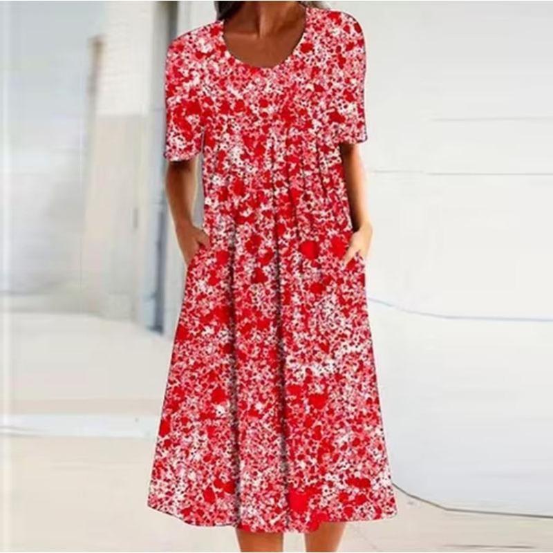 

Женская мода лето весна цветочный принт короткий рукав U-образный вырез свободные повседневные платья S