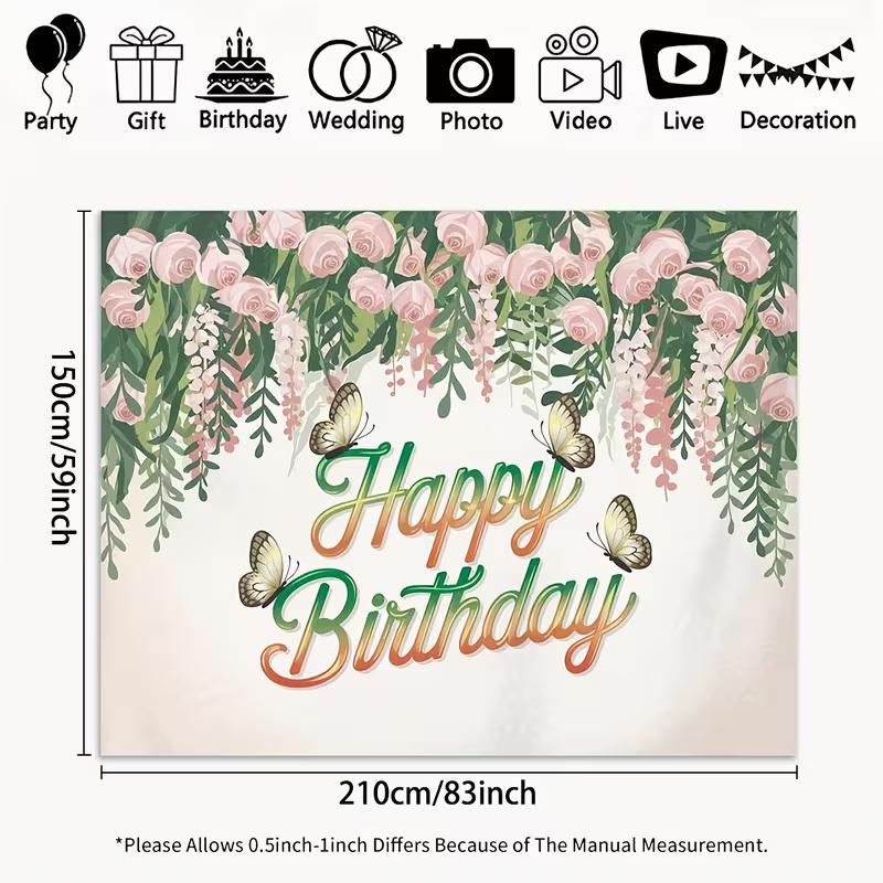 

2D Pink Rose Butterfly Happy Birthday Backdrop Floral Photography Background 47.2x31.5inch/120*80cm