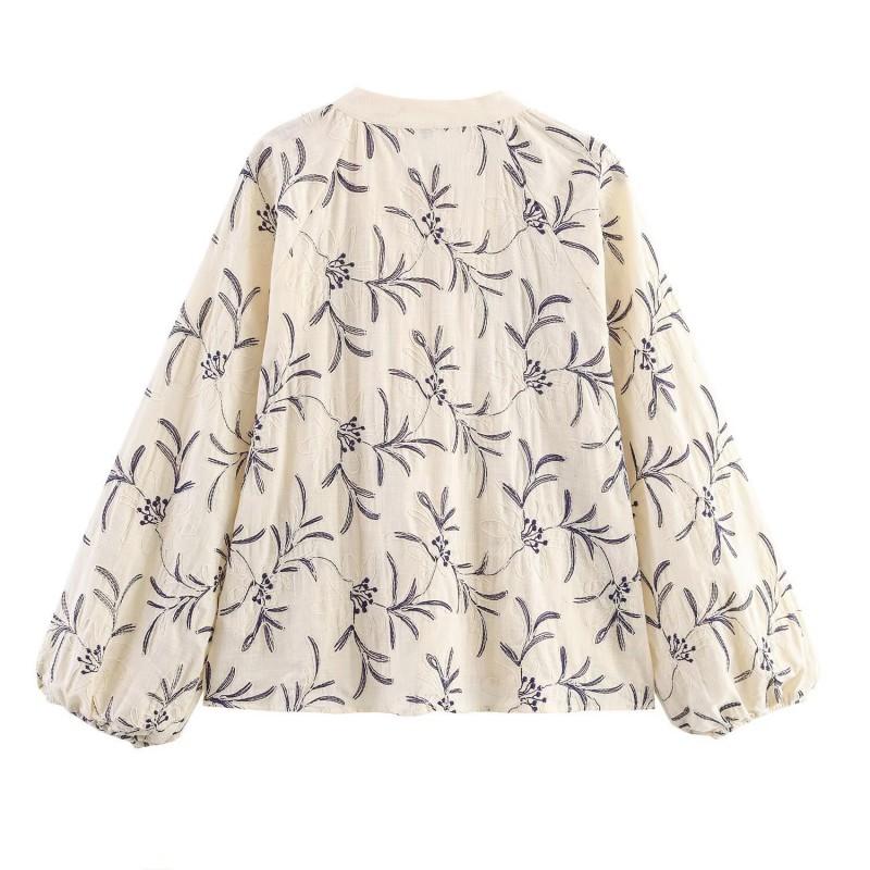 Womens Oversized Long Sleeve Shirt With Embroidered Vintage Wash Detail Lantern Round Neck Loose Fit Streetwear