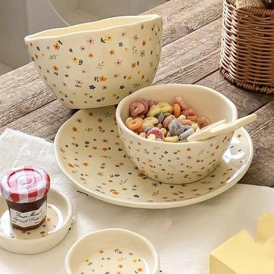 Stoviglie in ceramica in stile coreano Ciotola e piatto con motivo floreale Ciotola per riso Ciotole per insalata di frutta Piatto da dessert Piatti da cena per la casa