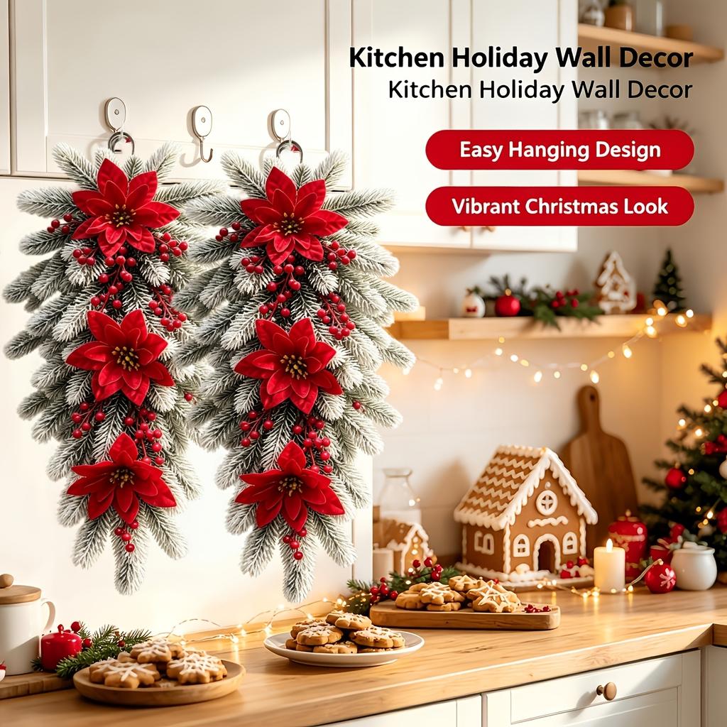 2Pcs 23.6inch Outdoor Artificial Christmas Poinsettia Vine With Artificial Pine Branches, Red Berries, And Pine Cones For Decoration. Suitable For