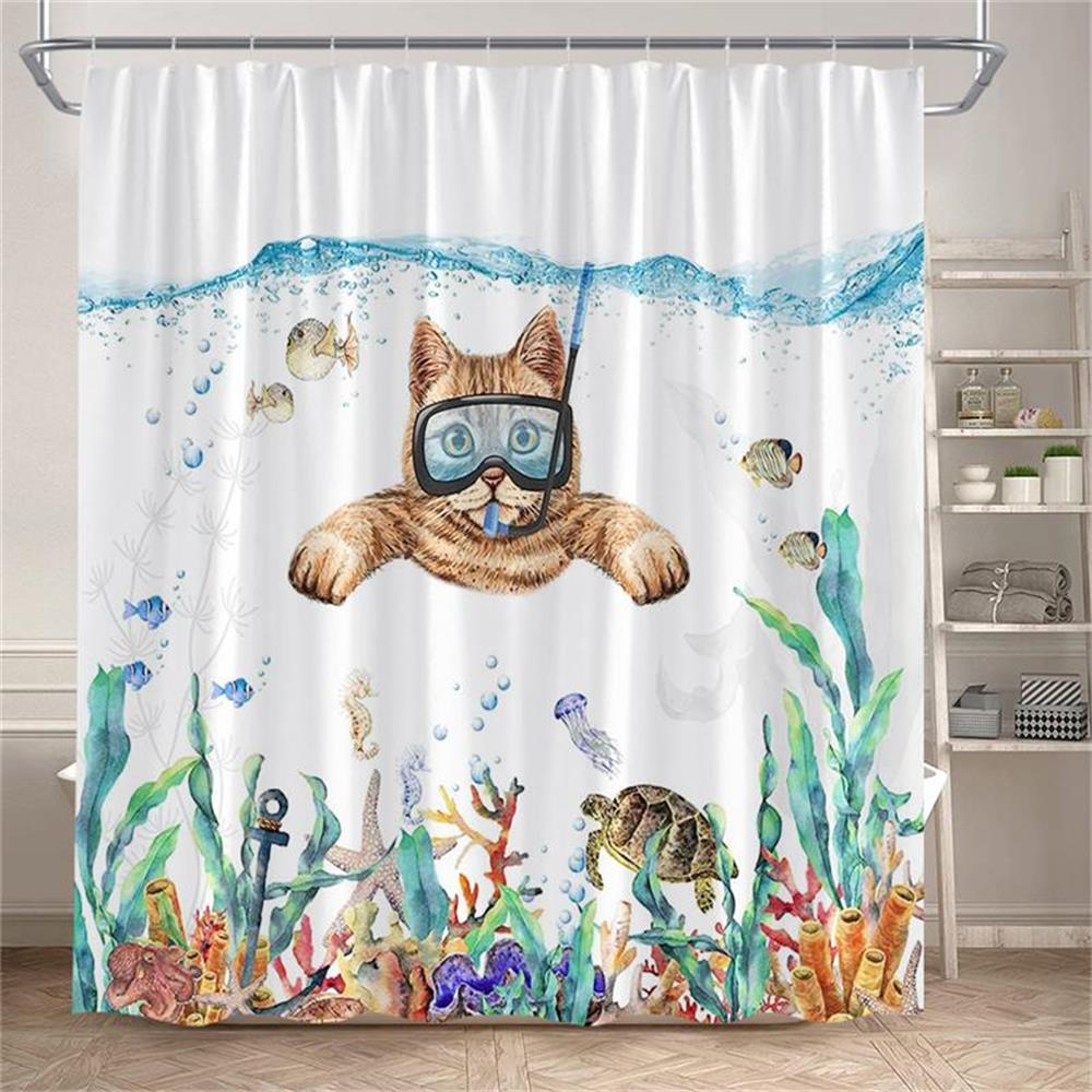 Funny Diving Cat Shower Curtain Whale Sea Turtle Seahorse Fish Coral Ocean Animals Underwater Scenery Children Bathroom Decor