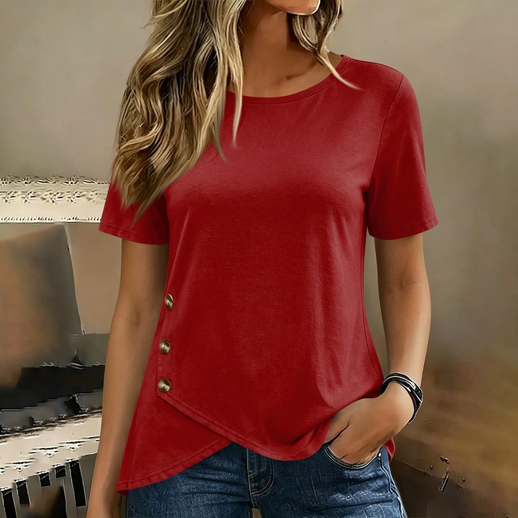 Women's Solid Color Short Sleeve Crew Neck T-Shirt with Button Detail Casual Lightweight Top for Everyday Wear
