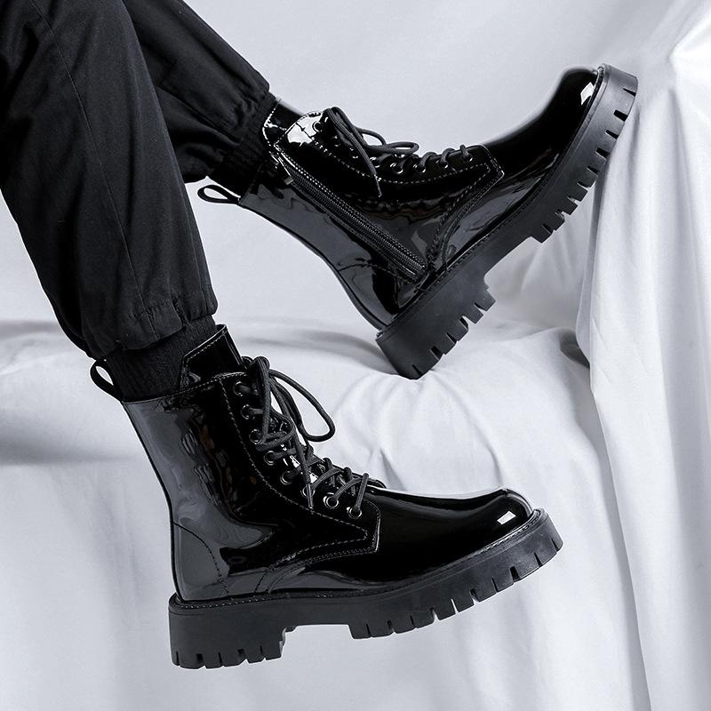 Italian  Designer Patent Leather Boots for Men Casual Black Trendy Shoes Cowboy Platform Boot High Motorcycle Botas Hombre