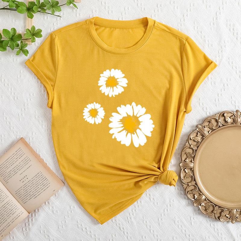Sommer Damen T-Shirts mit Drei-Gänseblümchen-Print, locker, Rundhalsausschnitt, lässig, reine Baumwolle, kurzärmelig, Damen