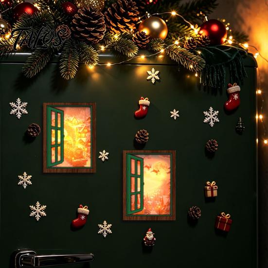 Metal Surface Decoration 3Pcs Christmas Light-up Window Fridge Magnet, Wooden Fake Refrigerator Magnet with LED Light Light, Magnetic for Holiday