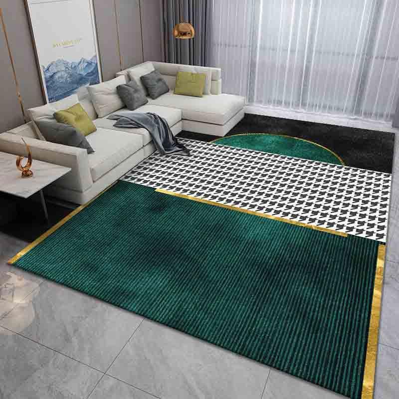 Artistic Geometric Themed Large Carpet Anti-slip Floor Rug with Emerald Green Curved Pattern for Living Room Carpet Decoration