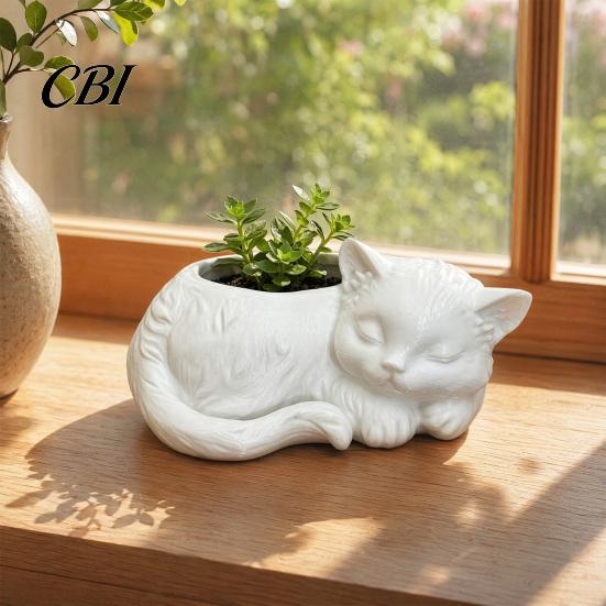 Artistic Cat Plant Holder 3D Printed Sleeping Flowerpot, Mini Desktop Planter, Gift for Lovers Decorative Succulents Small Green Plants Planter