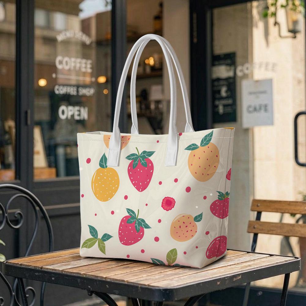 Cute Strawberry Print Tote Bag Casual Daily Ladies Shoulder Handbag Lightweight Reusable Shopping Bag for Women