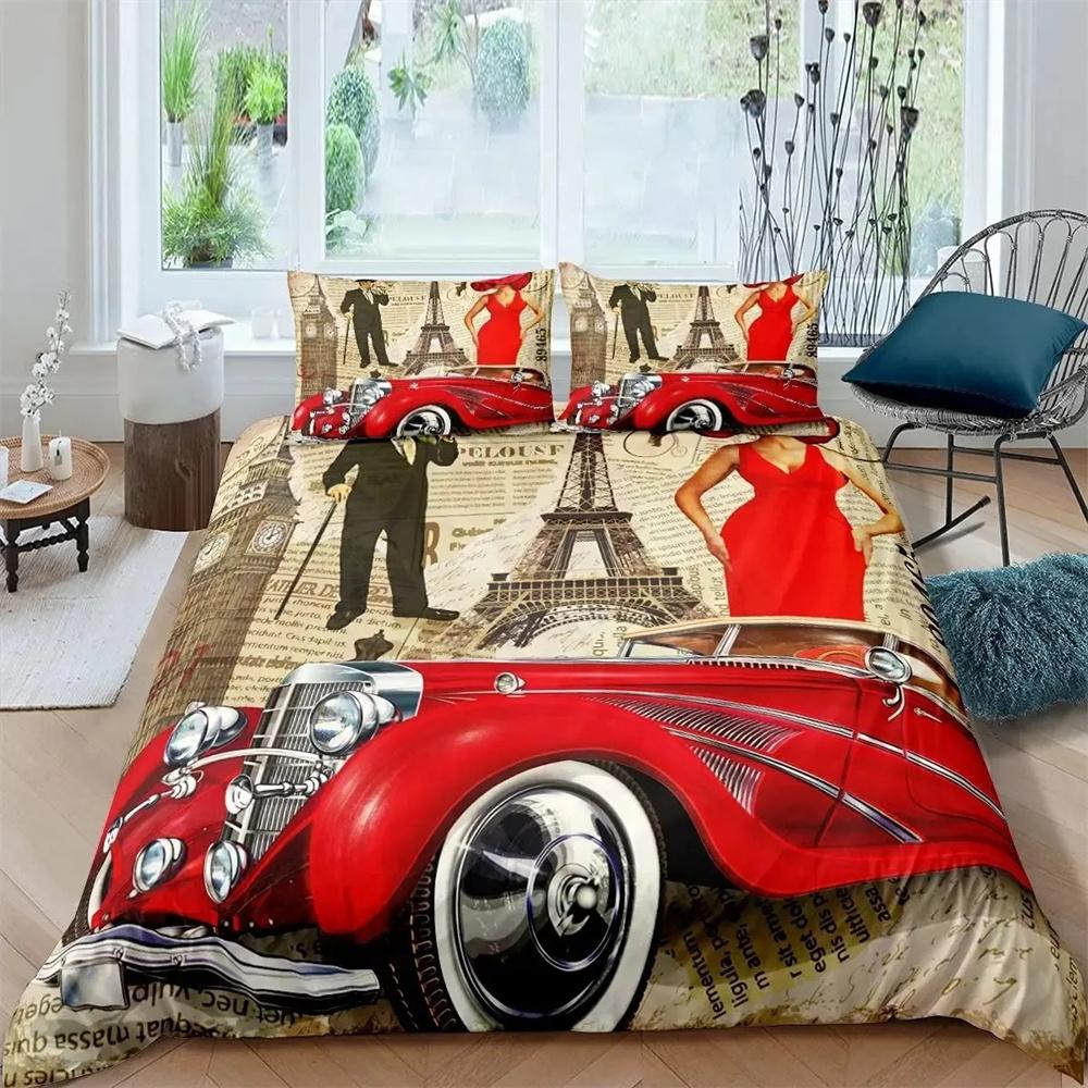 Eiffel Tower Duvet Cover Set Paris France Bedding Sets Queen Size Old Newspaper Style Comforter Cover for Men Women,Gray Stylish