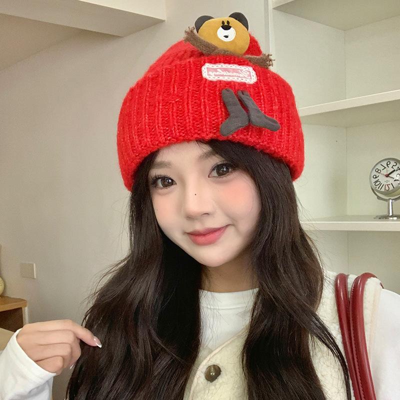 Cute Pullover Hat for Women Autumn and Winter Bear Patch Woolen Hat Korean Style Versatile Warm Ear Protection Cute Knitted Hat