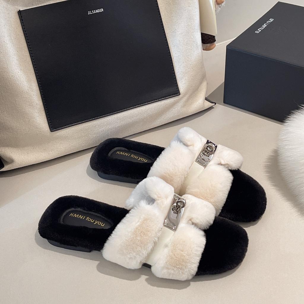 Korean version of fairy wind fluffy slippers female outer wear 2025 autumn and winter new Internet celebrity super fire fashion flat bottom cotton