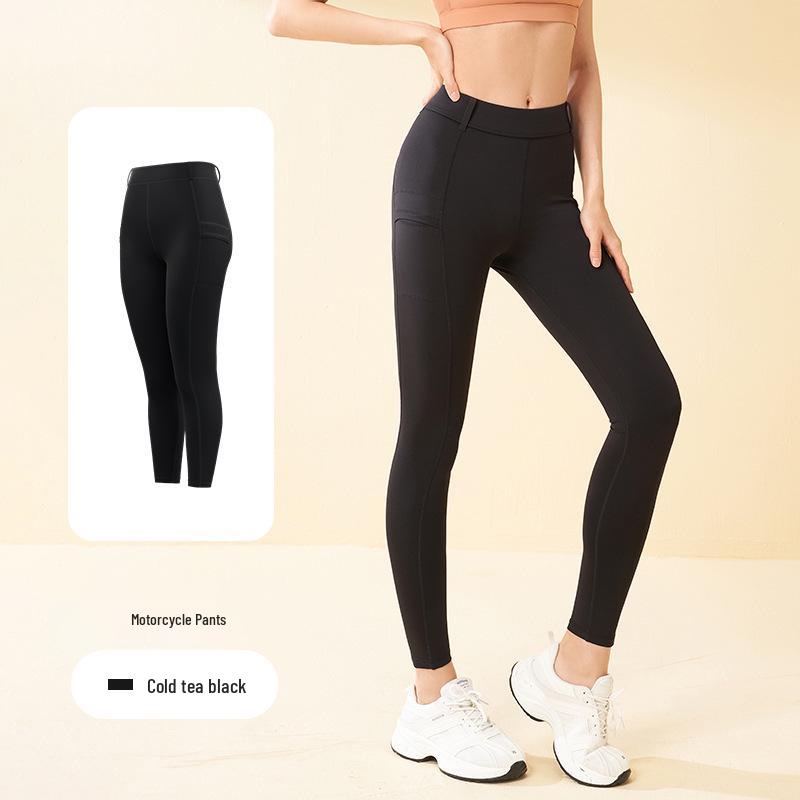 

Juyi Hall High-Waist Motorcycle Yoga Pants with Hip Lift, Slimming Fit, Side Pockets, Anti-Roll Edge, and High Elastic Nude Feel. XXL