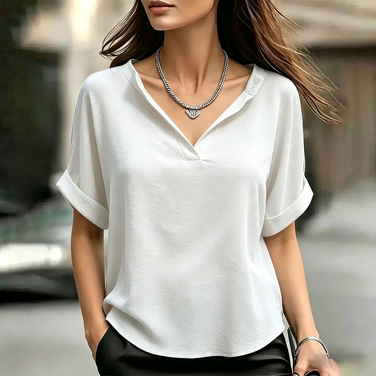 

Women V Neck Short Sleeve Loose Fit T Shirt Casual Basic Lightweight Blouse with Rolled Cuffs for Daily Wear Work Travel M