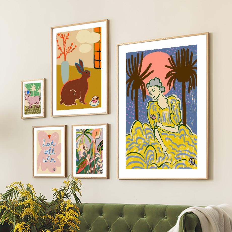 Kolorowa Dziewczyna Kwiat Tygrysi Liść Ilustracja Sztuka Ścienna Obraz na Płótnie Abstrakcyjne Plakaty i Druki Obrazy Dekoracja Pokoju Hotelowego Baru