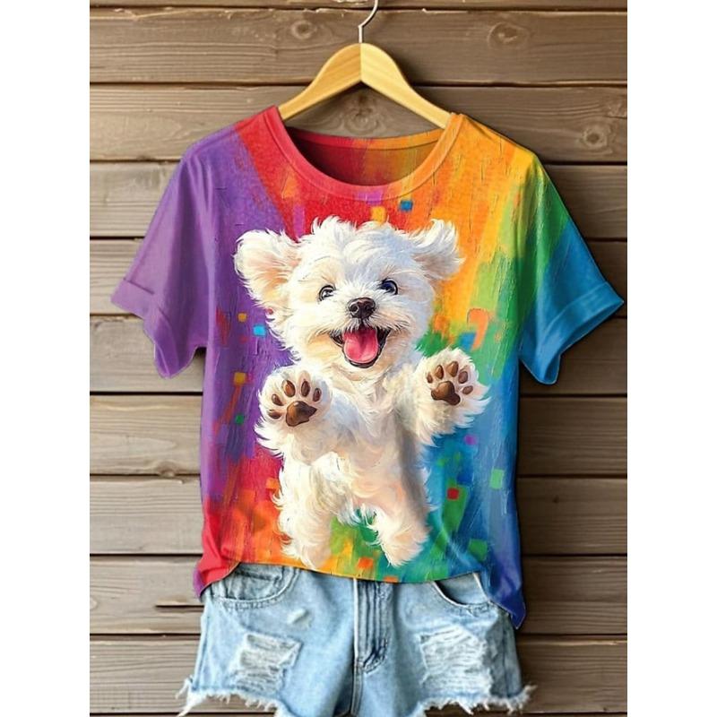 3D Printed Cute Puppy Oil Painting T-shirt Women's Fun Pattern T-shirt Summer Casual Round Neck Top Short Sleeve Loose T-shirt