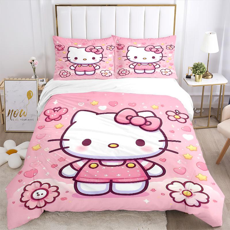 3pcs Hello Kitty's Sweet Adventure Printed Bedding Set, Soft and Comfortable Quilt Cover for Bedroom, Guest Room (1 Duvet Cover + 2 Pillowca