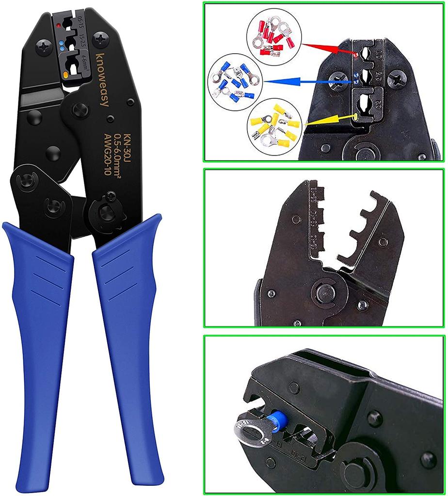 Knoweasy Wire Terminal Crimping Tool Kit Insulated Ratchet Crimping Tool with 700 and Ring Crimp Terminal Connectors - AWG20-10 Butt, Bullet, Spade,