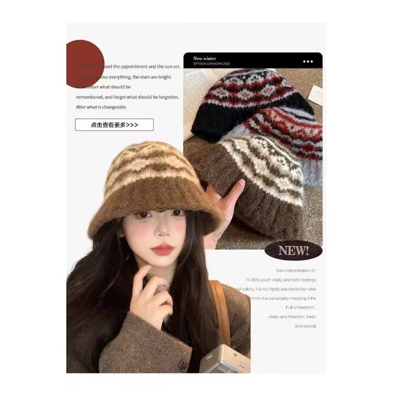 Women Fair Isle Knit Fisherman Hat Large Head Size Warm Bucket Hat