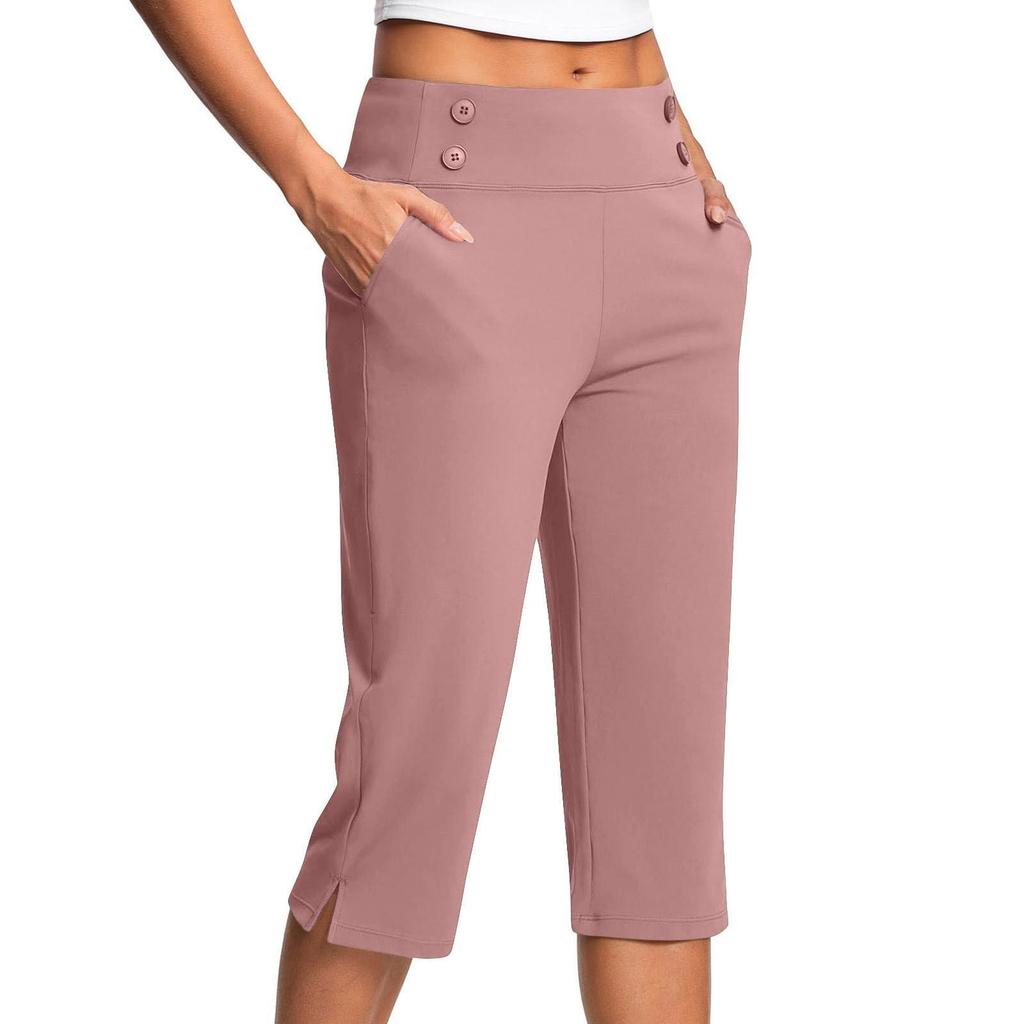 Pantalon court décontracté taille haute pour femme, couleur unie, avec poches boutonnées et ourlets fendus, idéal pour le sport et le yoga