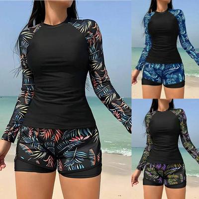 New European and American Swimwear, Long-sleeved Printed Splicing Double-layer Pants, Women's Split Tankini Swimsuit