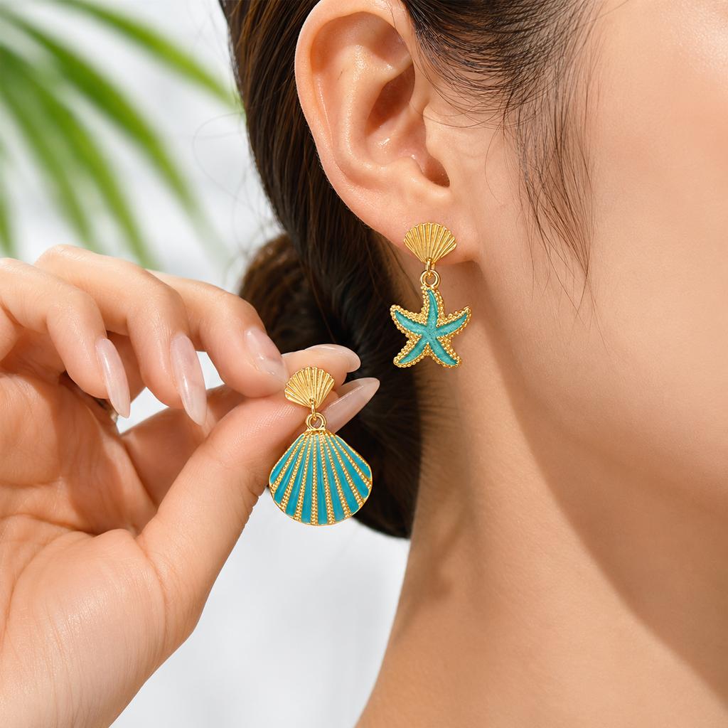 Summer Beach Asymmetrical Metal Shell Starfish Earrings for Women Sweet Enamel Conch Drop Earring Girls Holiday Jewelry Gift