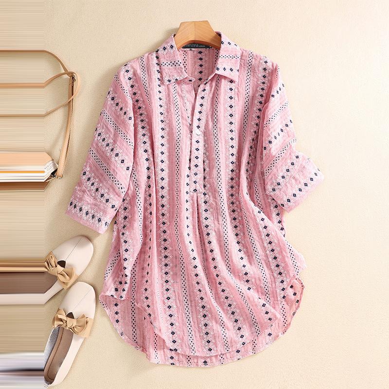 ZANZEA Women Turn Down Collar 3/4 Sleeve Loose Floral Blouse