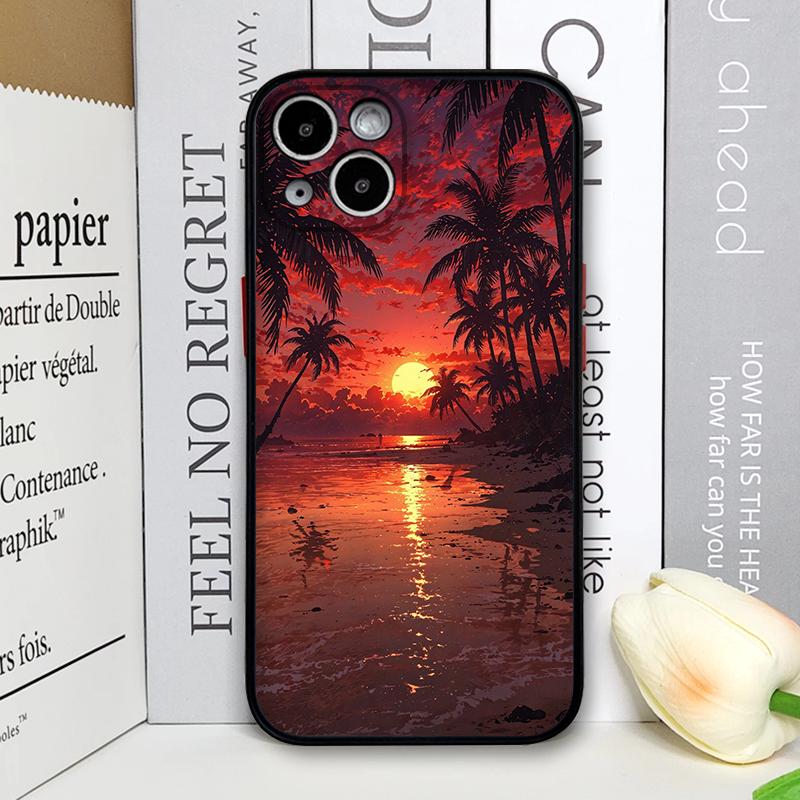 Creative Sunset Beach Wave Coconut Palm Landscape Phone Case for iPhone 17 16 Pro Max 15 14 13 12 11 Mini X 7 8 Plus Hard Cover