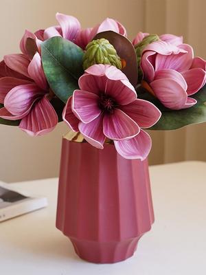 1 Bunch Artificial Magnolia Flower 3 Heads Magnolia Bouquet Foam with Leaves Arrangement for Home Living Room Wedding Bedroom Floor Vase Decoration