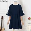 VONDA Summer Women Half Sleeve Bow Knot Casual Pleated Tunic Dress